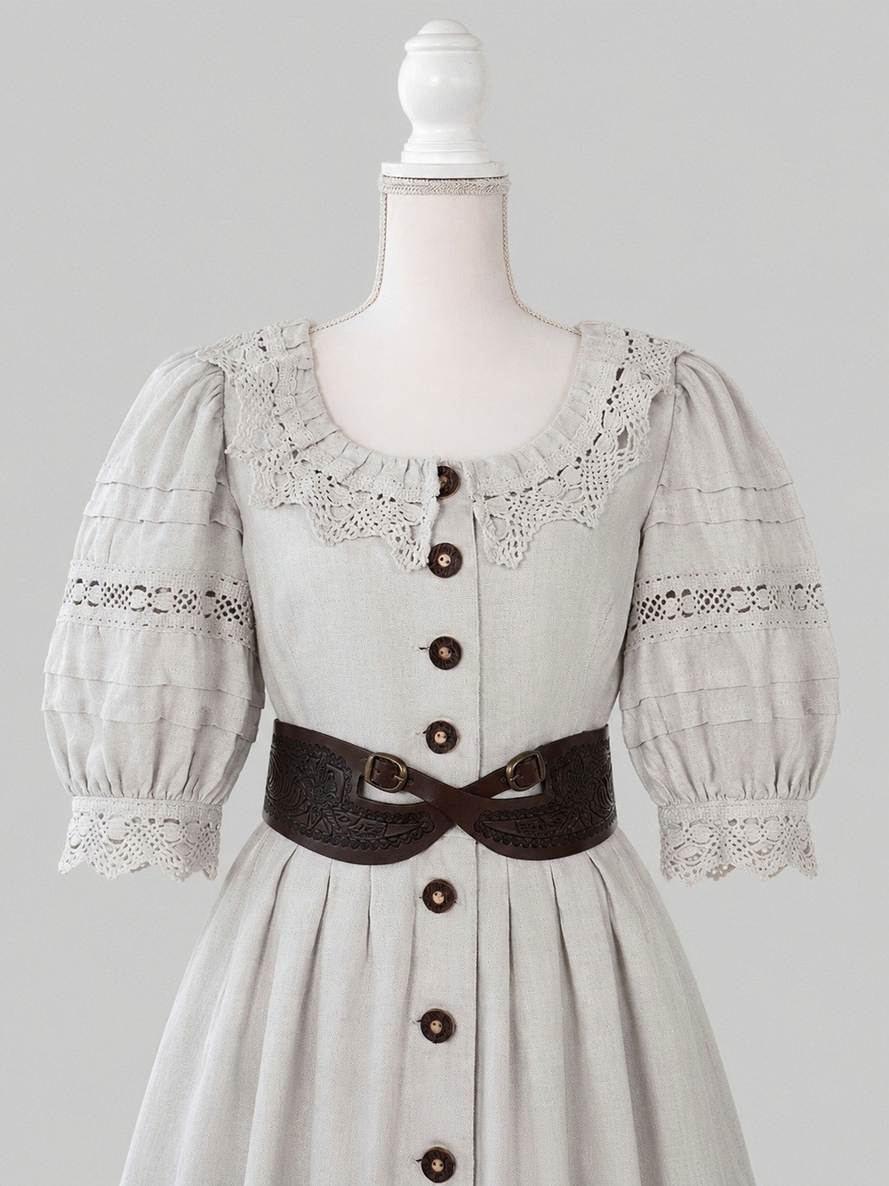 Vintage Cottagecore Dirndl Dress with Lace Trim and Leather Corset Belt, Whimsy
